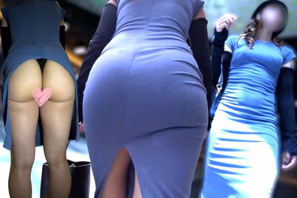 青いタイトワンピースを着たスレンダー女性の後ろ姿